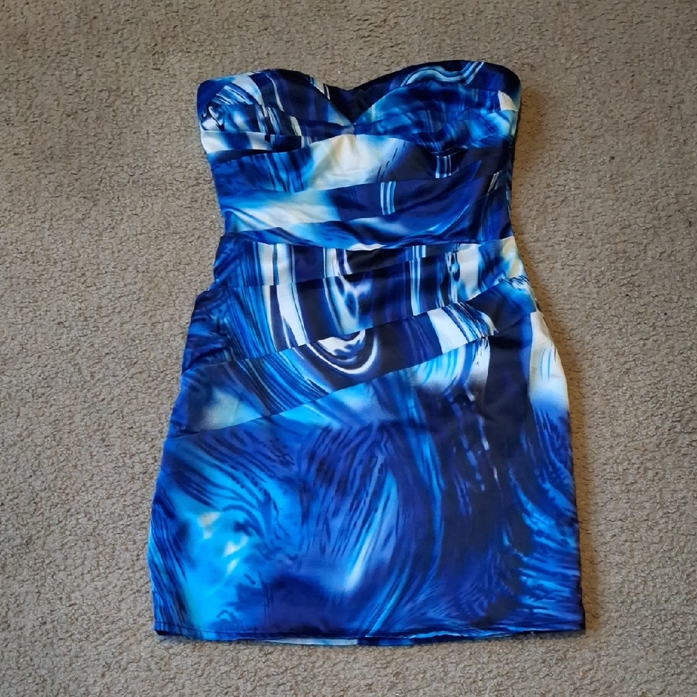 Lipsy Strapless Blue Abstract Print Bodycon Dress